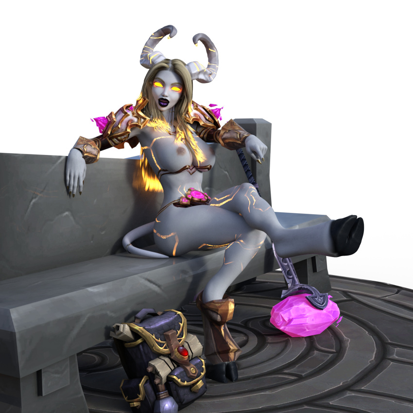 3d armor bbdworks blizzard_entertainment colored_nails draenei female glowing glowing_eyes glowing_markings hi_res hooves horn humanoid lipstick makeup markings nails sitting solo video_games warcraft weapon