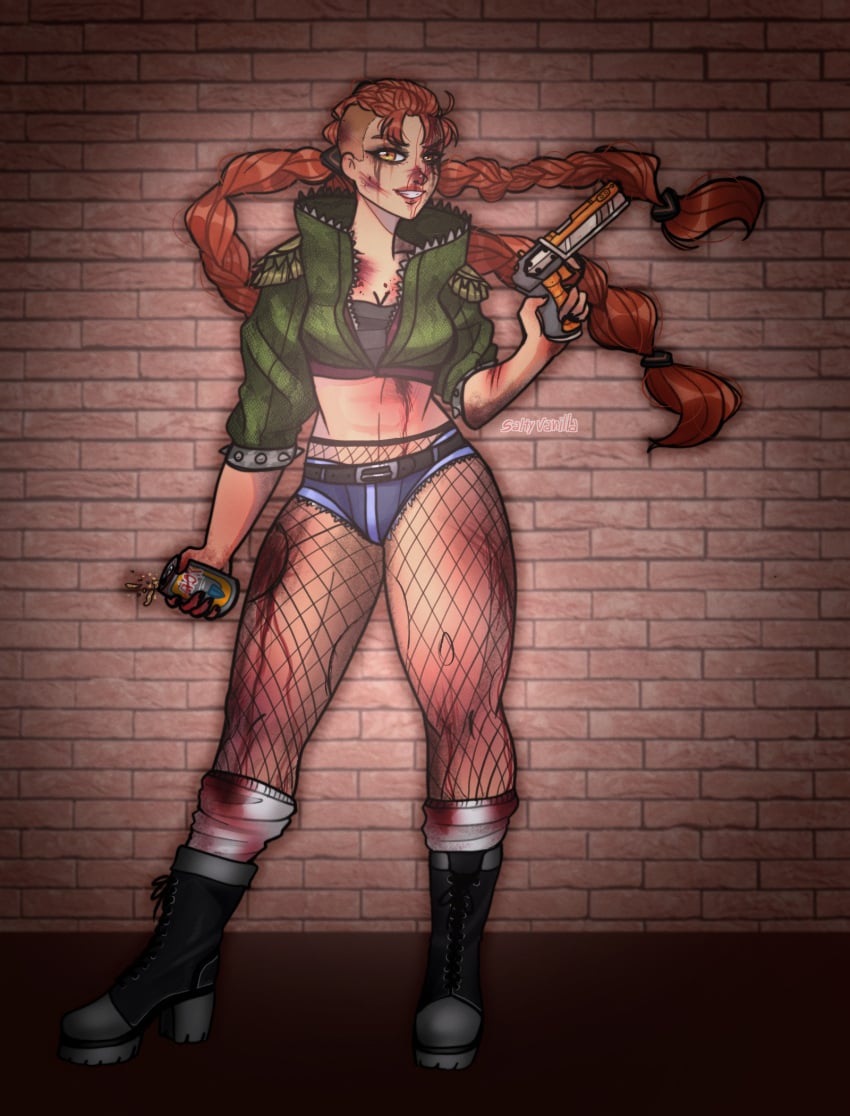 1girls blood blood_stain boots commission gun jacket jesse_valentine_(hawk) long_hair orange_eyes orange_hair pinup post_fight spicy_vanilla tri_tails triple_tails weapon