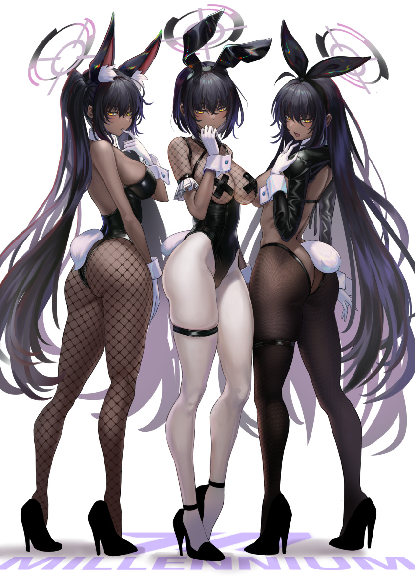 3girls absurd_res alternate_hairstyle animal_ear_fluff animal_ears ass b-pang bangs bare_shoulders black_hair black_hairband black_legwear black_pasties blank_background blouse blue_archive breasts bunny_ears bunny_girl bunny_tail bunnysuit butt_crack closed_mouth dark-skinned_female dark_hair dark_skin detached_collar exposed_back eyebrows_visible_through_hair fake_animal_ears female female_only fishnet_top fishnets full_body gloves gradient_hair hair_between_eyes hairband halo high_heels highres karin_(blue_archive) karin_(bunny)_(blue_archive) karin_(bunny_girl)_(blue_archive) large_breasts latex leotard long_hair long_sleeves looking_aside looking_at_viewer looking_back looking_back_at_viewer meme_clothing multicolored_hair multiple_girls multiple_views official_alternate_costume open_mouth pantyhose pasties playboy_bunny rabbit_ears reverse_bunnysuit reverse_outfit round_ass round_butt shirt short_hair shrug_(clothing) simple_background skimpy_clothes sleekite strapless strapless_leotard streaked_hair tail thigh_strap thighhighs thighs very_long_hair white_background white_gloves white_legwear wrist_cuffs x_pasties yellow_eyes