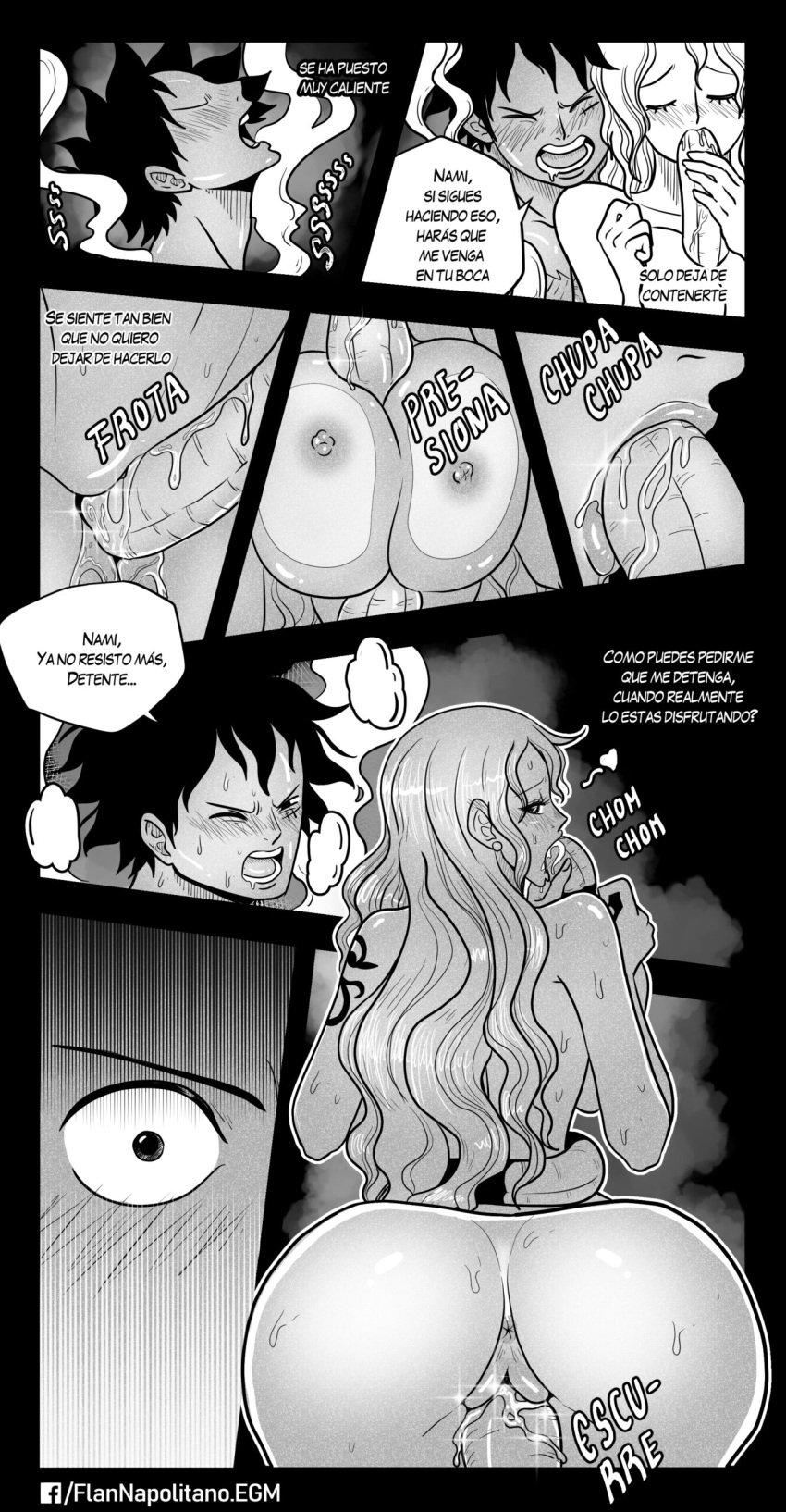 1boy 1boy1girl 1girls akuma_no_mi anus ass ass_grab between_breasts big_breasts big_penis black_hair blush breasts comic completely_nude completely_nude_female completely_nude_male couple curvy curvy_female dat_ass elizagmfn embrace fellatio female from_behind from_behind_position gomu_gomu_no_mi gomu_gomu_no_mi_(gear_2) greyscale heat holding_penis hug huge_breasts long_hair male monkey_d_luffy muscular muscular_male nami nipples no_color nude one_piece oral oral_sex paizuri penis penis_between_breasts penis_in_mouth precum pussy pussy_juice scar short_hair spanish_text speech_bubble straight stretchy_penis sucking_off sucking_penis untranslated voluptuous