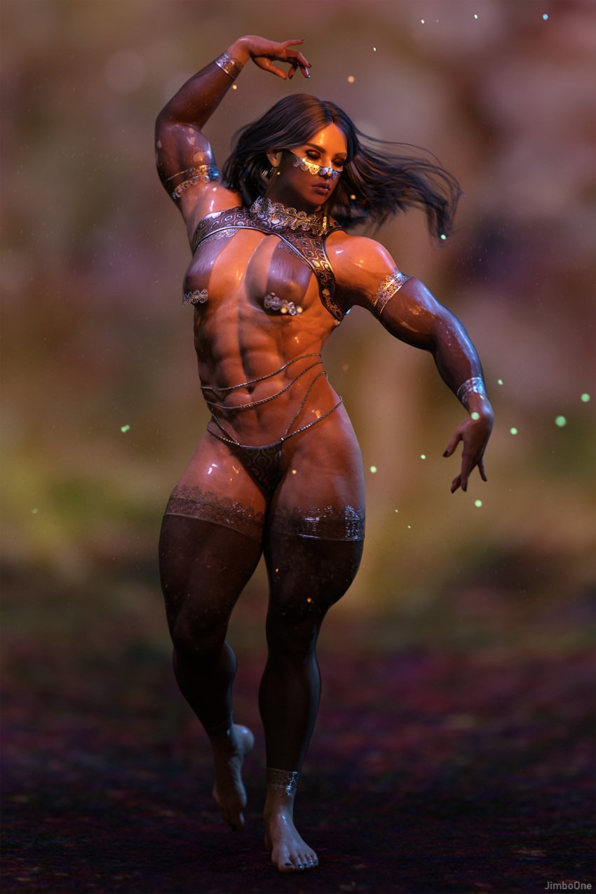 1girls 3d 3d_(artwork) abs androgynous arabian_clothes barefoot belly_dancing closed_eyes dancer dark-skinned_female dark_skin female female_only full_body jimboone long_hair makeup muscular muscular_female revealing_clothes see-through small_breasts solo thighhighs