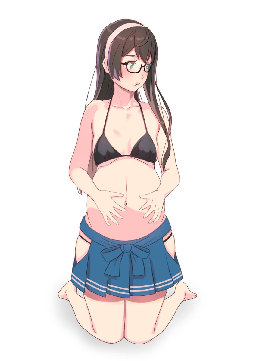 :t barefoot bikini black_bikini black_hair black_swimsuit blue_skirt breasts clavicle feet female full_body green_eyes hairband hakama hakama_skirt hands_on_own_stomach highres hip_vent kantai_collection kneeling knees_together_feet_apart long_hair looking_to_the_side megane navel ooyodo_(kantai_collection) pink_hairband pleated_skirt pouting pregnant semi-rimless_eyewear simple_background skinny skirt slim small_breasts solo swimsuit third-party_edit under-rim_eyewear white_background yuuji_(and)