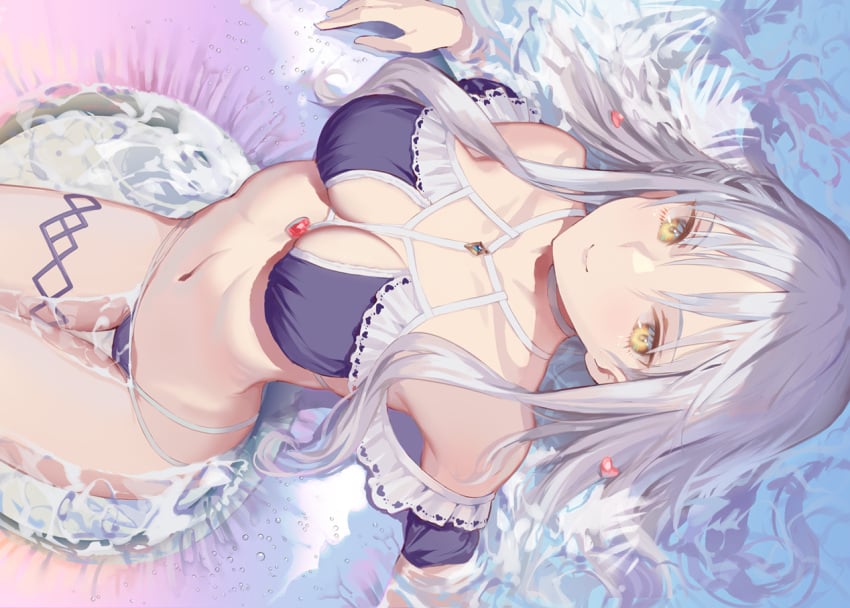 bikini caren_hortensia_(amor_caren) caren_ortensia cleavage eyebrows eyebrows_visible_through_hair eyelashes eyelashes_visible_through_hair fate/grand_order fate_(series) female female_only high-angle_view looking_at_viewer looking_up medium_breasts pale-skinned_female pale_skin partially_submerged partially_submerged_legs ritsuki sitting smile solo swimsuit thigh_gap thigh_strap type-moon white_hair yellow_eyes