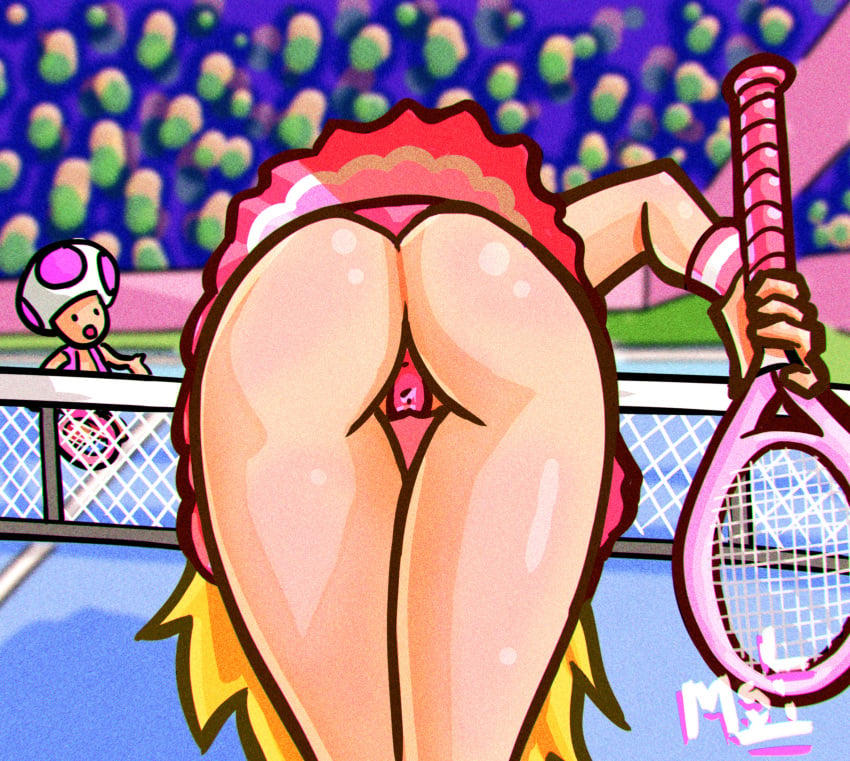 mario_(series) mario_tennis maximaldraws nintendo pink_skirt princess_peach skirt spankable tennis tennis_court tennis_racket toad_(mario) under_skirt