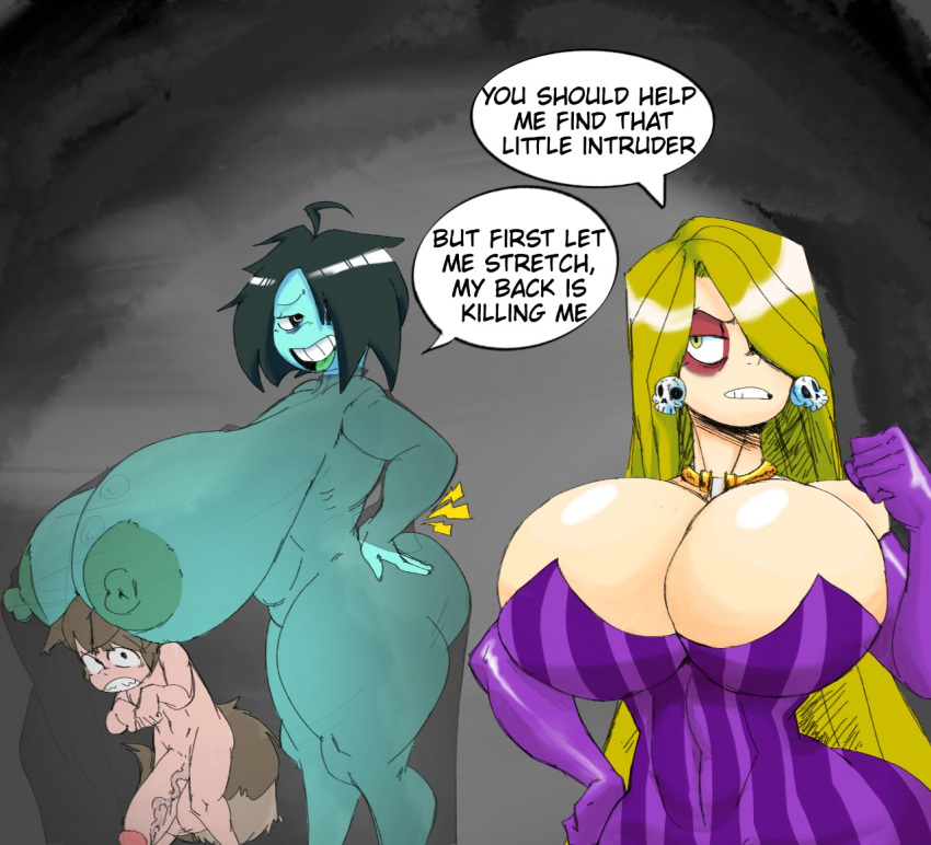 absurdly_long_hair big_balls big_breasts big_penis color commission dialogue english_text green_nipples grey_skin hiding huge_breasts hyper_breasts olozva shortstack size_difference smaller_male tanooki useli_toxic veiny_penis very_long_hair x-ray