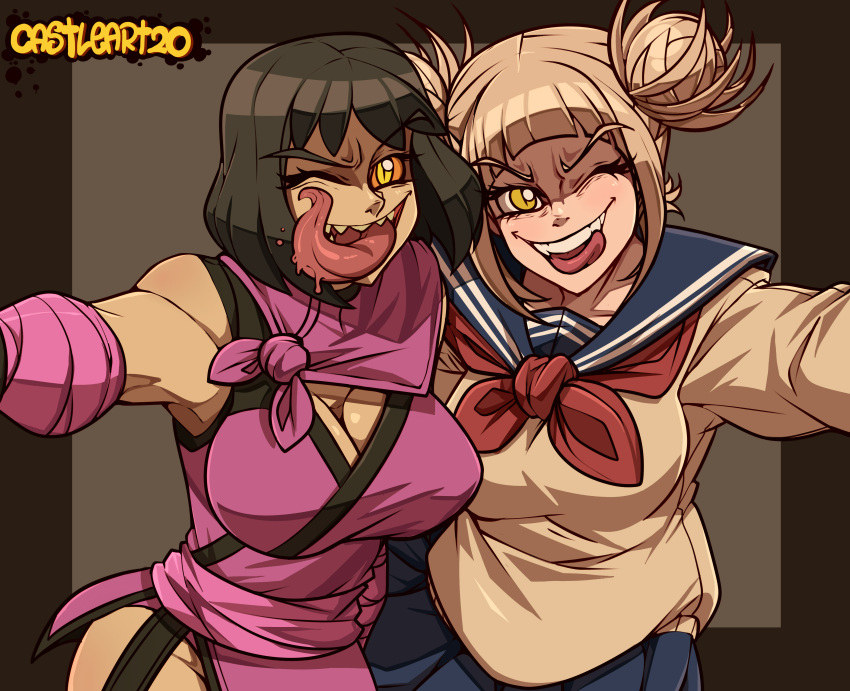 2d big_breast blonde_hair breast castleart crazy_eyes crossover dark_hair eastern_and_western_character fangs female female/female female_only himiko_toga hugging light-skinned_female light_skin mature_female mileena monster_girl mortal_kombat mortal_kombat_11 my_hero_academia netherrealm_studios nightmare_waifu pale_skin schoolgirl_uniform selfie sharp_teeth smiling smiling_at_viewer teeth tongue tongue_out villainess yellow_eyes