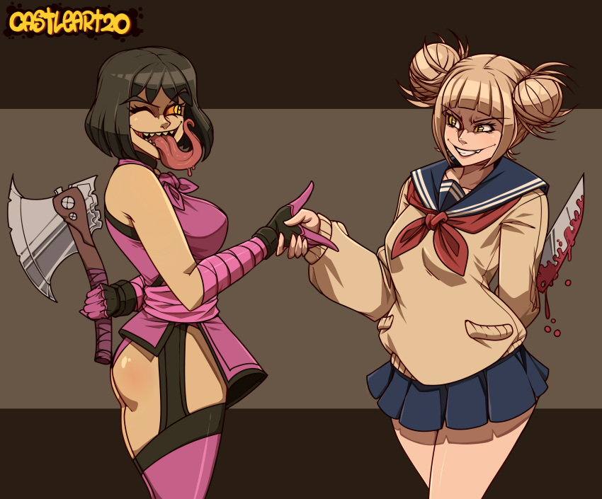 2d ass axe blonde_hair blood bloody_knife castleart concealed_weapon crazy_eyes crossover dark_hair eastern_and_western_character fangs female female/female female_only friends grinning himiko_toga knife light_skin mileena mortal_kombat mortal_kombat_11 my_hero_academia netherrealm_studios pale_skin schoolgirl_uniform shaking shaking_hands smiling smiling_at_another tarkatan teeth tongue tongue_out yellow_eyes