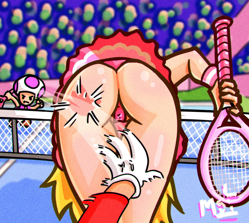 butt_slap mario mario_(series) mario_tennis maximaldraws nintendo pink_skirt princess_peach skirt slap slap_mark slap_marks tennis tennis_court tennis_racket toad_(mario) under_skirt