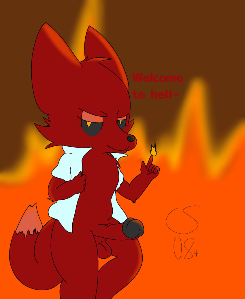 anthro balls canid canine catscratch08th chest_tuft clothed clothing demon demon_eyes dialogue digital_drawing_(artwork) digital_media_(artwork) digital_painting_(artwork) elemental_manipulation fennec fire fire_manipulation fox genitals hell hi_res humanoid_genitalia humanoid_penis ibispaintx light lighting male mammal max_(catscratch08th) open_clothing open_shirt open_topwear penis satanic shirt signature solo topwear tuft