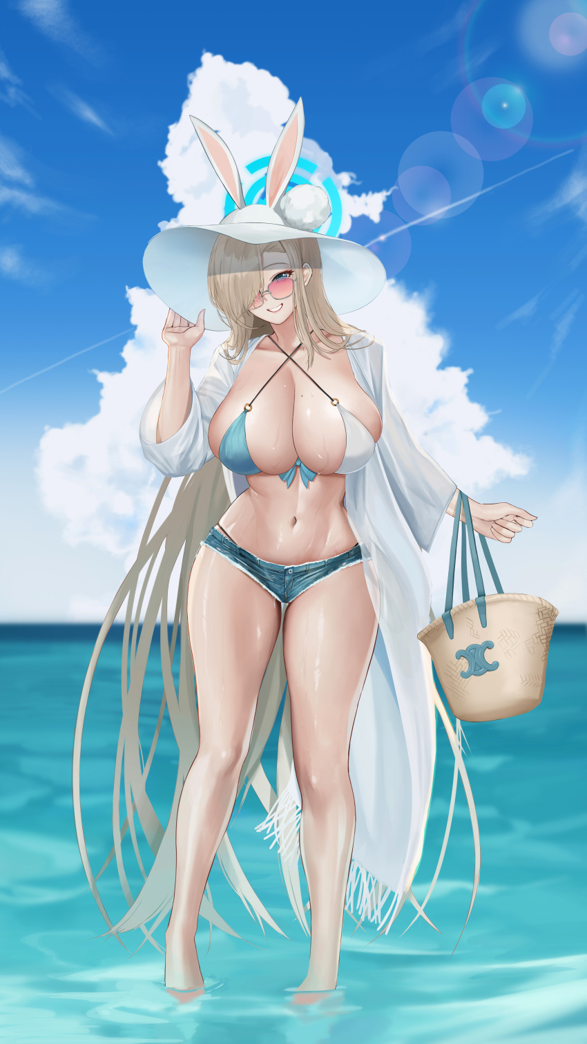 1girls 2022 alternate_version_available asuna_(blue_archive) asuna_(bunny)_(blue_archive) beach bikini blonde_hair blue_archive blue_eyes booty_shorts breasts bunny_ears bunny_girl female female_only gcg hair_over_one_eye halo hat hi_res hips huge_breasts jean_shorts large_hat light-skinned_female light_skin long_hair looking_at_viewer looking_over_eyewear looking_over_glasses looking_over_sunglasses outdoors pink-tinted_eyewear short_shorts shorts slim_waist smile sun_hat sunglasses thick_thighs thighs tinted_eyewear very_long_hair water wide_hips