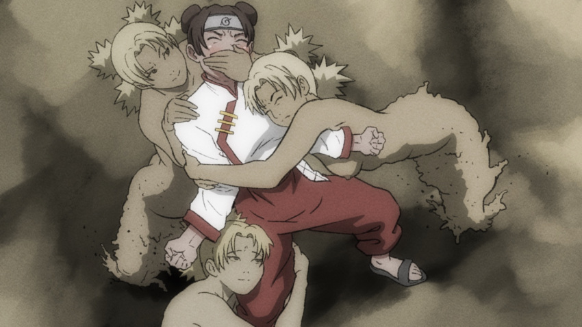 blonde_hair breasts brown_hair clones clothed_female_nude_female covering_another's_mouth covering_mouth double_bun female female_only gagged grabbing hair_bun hand_gagged hand_on_mouth hand_over_another's_mouth hand_over_mouth handgag holding_partner hug hugging multiple_females multiple_girls naruto naruto_(series) naruto_shippuden quad_tails restrained sand temari temon tenten tied_hair yuri