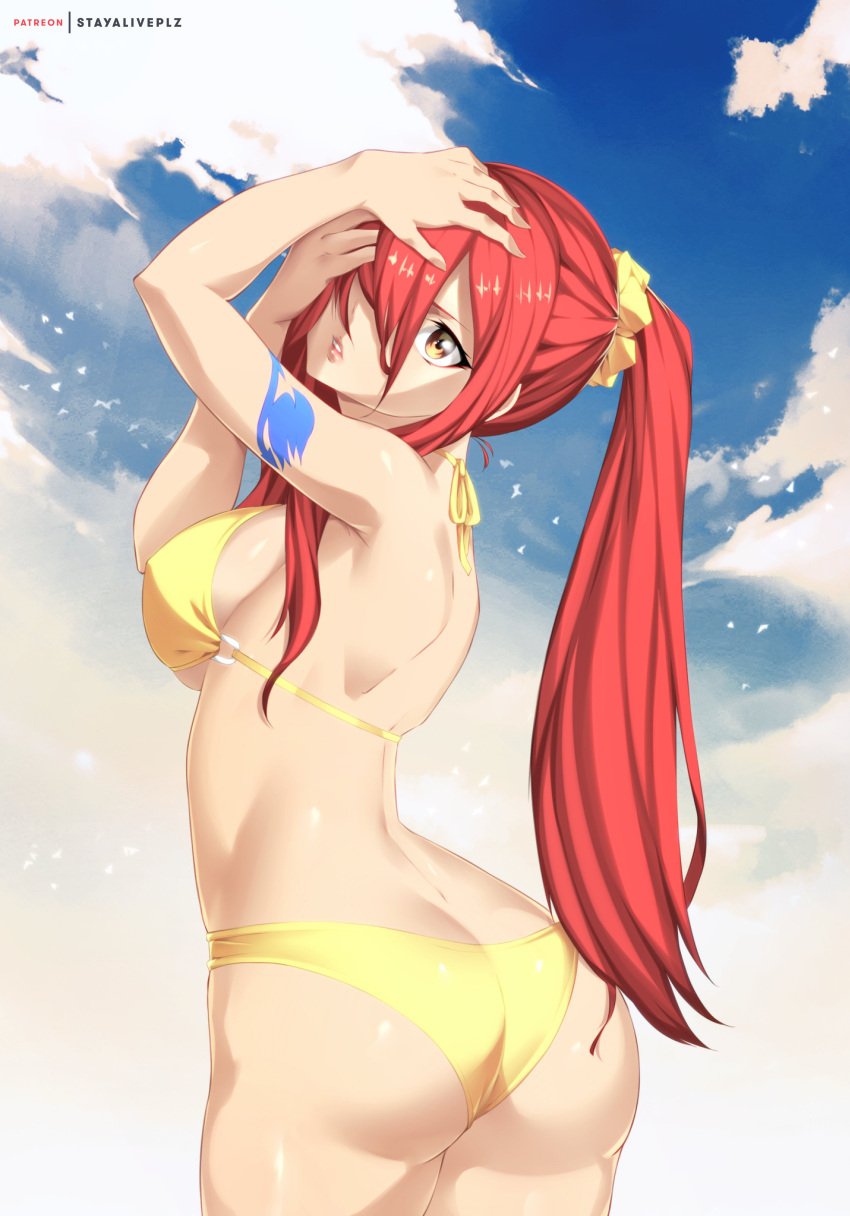 1girls alternate_hairstyle arm_tattoo ass ass_cleavage big_ass bikini brown_eyes butt_crack erza_scarlet fairy_tail female female_only from_behind hair_over_one_eye hands_on_face light-skinned_female light_skin long_hair looking_at_viewer looking_back ponytail red_hair revealing_swimsuit shiny shiny_hair shiny_skin sideboob skimpy skimpy_bikini skindentation solo solo_focus stayaliveplz swimsuit tattoo tied_hair tight_bikini touching_face touching_self very_long_hair yellow_bikini