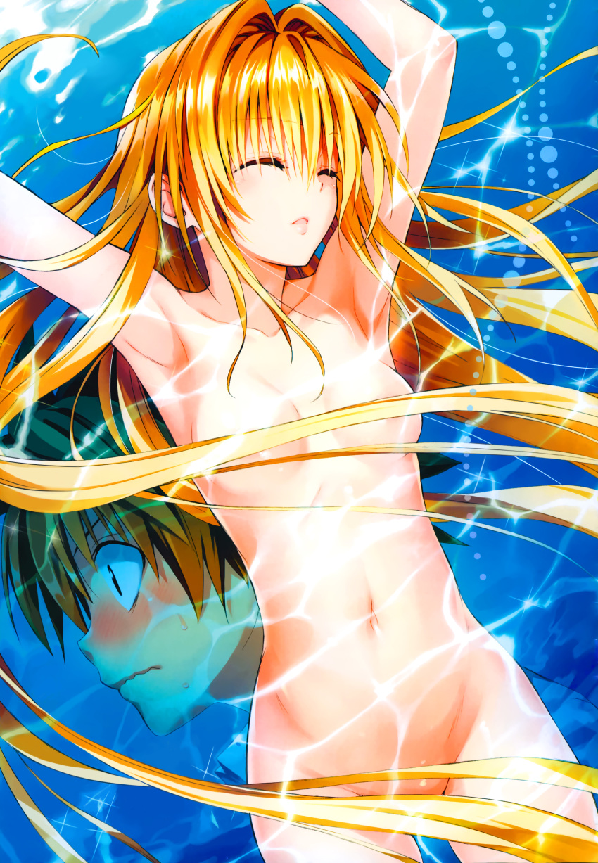 10s 1boy 1girls absurdres afloat areolae armpits arms_up blonde_hair blush blushing breasts censored closed_eyes convenient_censoring eyebrows female floating floating_hair golden_darkness hair_censor hairless_armpits highres konjiki_no_yami light-skinned_female light_skin long_hair loose_hair navel nervous nervous_face nervous_sweat nude nude_female parted_lips small_breasts sweat to_love-ru to_love-ru_darkness very_long_hair water wet yabuki_kentarou yuuki_rito