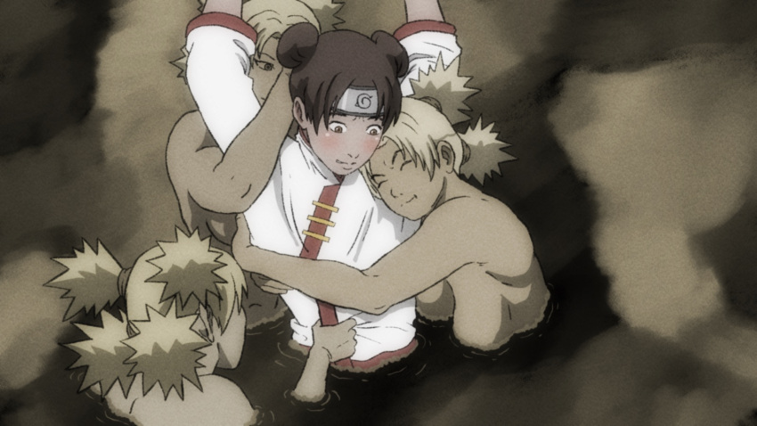 4girls arms_up blonde_hair blush breasts brown_hair clones clothed_female_nude_female double_bun embarrassed female female_only full_nelson grabbing grabbing_from_behind hair_bun hug hugging multiple_females multiple_girls naruto naruto_(series) naruto_shippuden partially_submerged quad_tails restrained sand sand_clone temari temon tenten tied_hair yuri