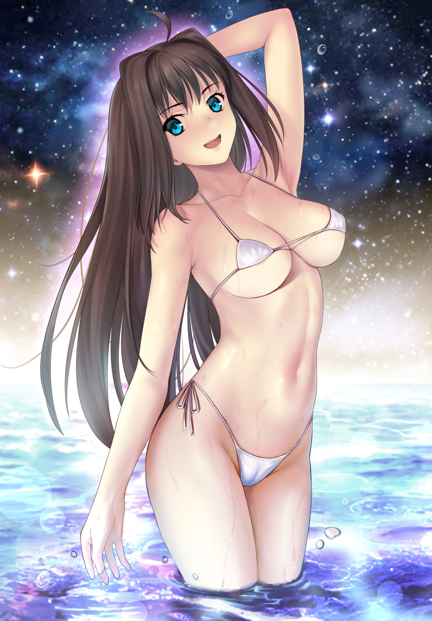 ahoge aozaki_aoko besmiled big_breasts bikini blue_eyes brown_hair female female_only hair_intakes long_hair looking_at_viewer mahou_tsukai_no_yoru micro_bikini open_mouth partially_submerged side-tie_bikini smile solo swimsuit tsukihime type-moon water wet_skin white_bikini