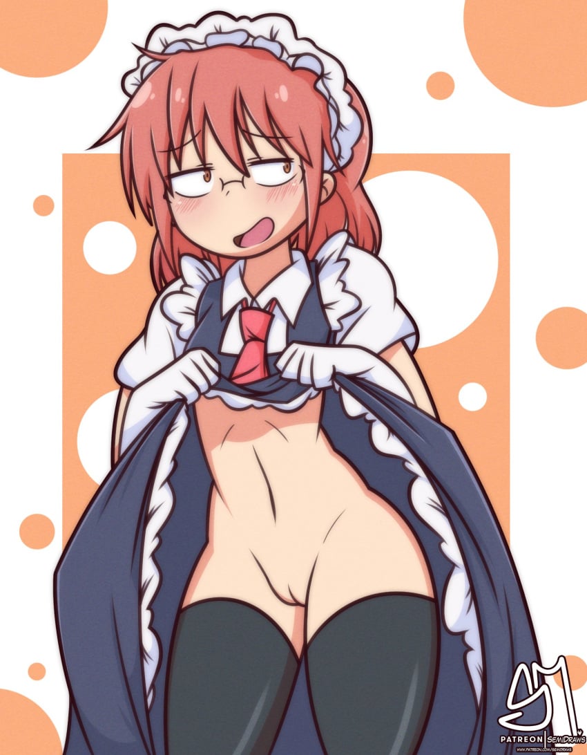 1girls artist_logo bare_pussy bean_smile black_legwear black_thighhighs blush bob_cut brown_eyes collar cosplay dress dress_lift female flat_chest glasses gloves hairless_pussy human kobayashi looking_away maid_headdress miss_kobayashi's_dragon_maid necktie no_panties open_smile patreon pussy red_hair semidraws small_breasts solo stockings thighhighs tohru_(dragon_maid)_(cosplay) uncensored uncensored_vagina white_gloves