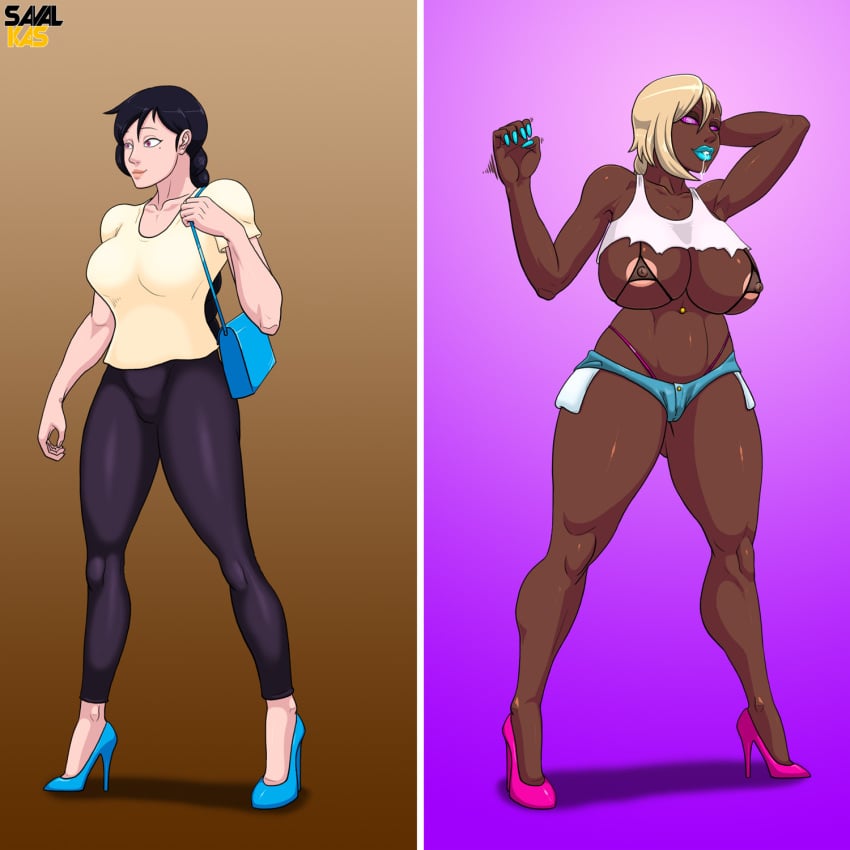 ass_expansion before_and_after bimbo bimbofication blackification breast_expansion dark-skinned_female ebonization eye_color_change female hair_color_change high_heels huge_ass huge_breasts hypnosis identity_swap lip_expansion navel race_swap savalkas thick_thighs thigh_expansion transformation wide_hips