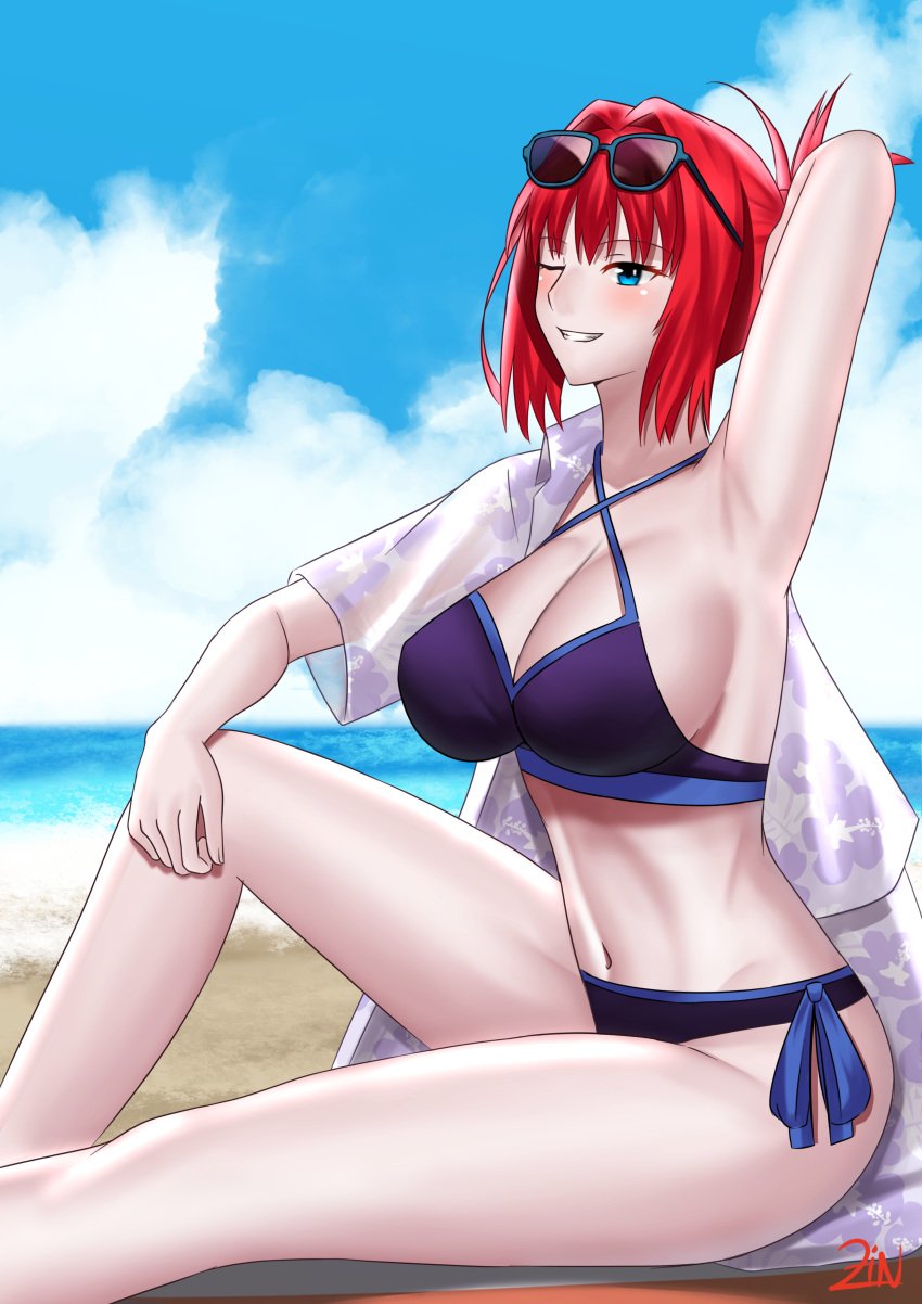 aozaki_aoko arm_up armpit beach big_breasts bikini black_bikini blue_eyes blush cleavage female female_only hawaiian_shirt hi_res mahou_tsukai_no_yoru melty_blood one_eye_closed open_shirt outside pale-skinned_female pale_skin red_hair side-tie_bikini sitting smile solo sunglasses_on_head swimsuit tied_hair tsukihime type-moon wink zinfian