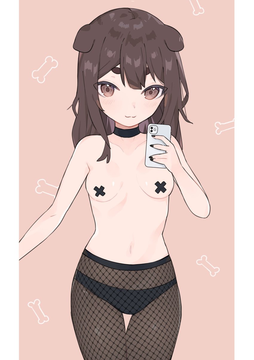 absurdres animal_ears black_panties black_pasties breasts brown_eyes brown_hair choker dog_ears dog_girl female fishnet_legwear fishnets highres inukai_purin lucabassiart navel panties pasties phone selfie solo tape tape_on_nipples topless tsunderia underwear virtual_youtuber x_pasties