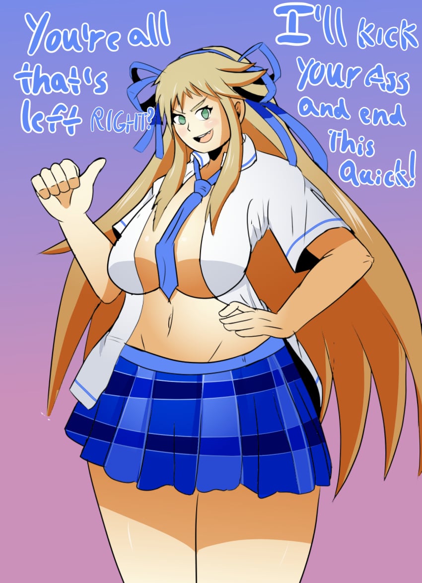 1girls alternate_breast_size big_breasts blonde_hair breasts comic english_text female female_only females_only hand_on_hip huge_breasts katsuragi_(senran_kagura) kunoichi large_breasts long_hair ribbon senran_kagura senran_kagura_(series) shoobiedoobie12 skirt solo solo_female thick