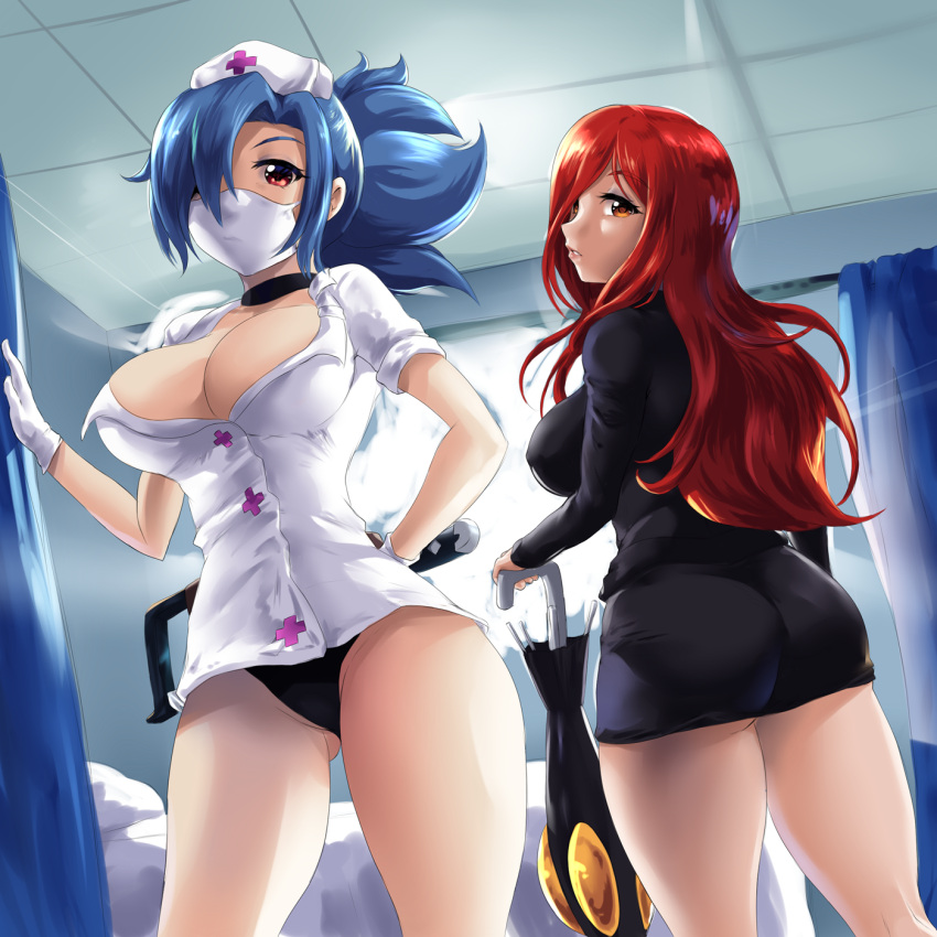 2girls ass big_breasts blue_hair breasts eye_contact female female_only leonart long_hair looking_at_viewer medial_ring multiple_girls nurse nurse_cap nurse_uniform panties parasoul red_hair skullgirls standing thick_thighs upskirt valentine_(skullgirls)