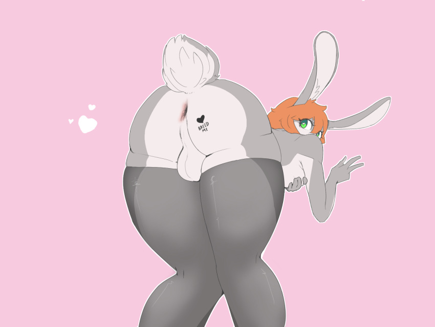 anthro ass balls body_writing breasts butt_tattoo digital_media_(artwork) doof_rabbit fur futanari genitals hair hare heart heart_(marking) hi_res humanoid_genitalia lagomorph leporid looking_at_viewer lucas_the_rabbit mammal nude rabbit simple_background solo tattoo text