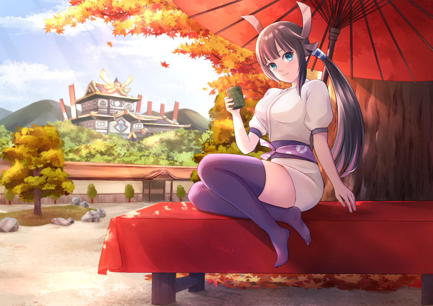 bench blue_eyes brown_hair castle falling_leaves feet female hair_ornament headdress heroine_(pokemon_conquest) japanese_clothes kimono leaves long_hair multicolored_hair obi parted_bangs pokemon pokemon_conquest ponytail purple_legwear purple_thighhighs sebu_illust sitting smile solo solo_female solo_focus swept_bangs tea_cup thigh_gap thighhighs thighs toes tree umbrella