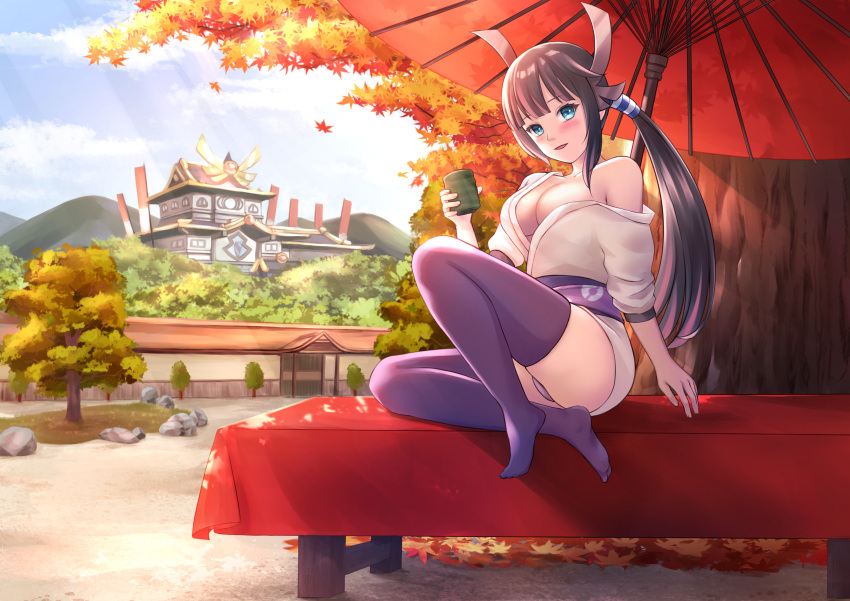 alternate_breast_size bare_shoulders bench blue_eyes blush breasts brown_hair castle cleavage falling_leaves feet female hair_ornament headdress heroine_(pokemon_conquest) japanese_clothes kimono kimono_open large_breasts leaves leg_lift long_hair looking_at_viewer multicolored_hair obi open_mouth pantyshot parted_bangs pokemon pokemon_conquest ponytail purple_legwear purple_panties purple_thighhighs sebu_illust sitting smile solo solo_female solo_focus swept_bangs tea_cup thigh_gap thighhighs thighs tongue tree umbrella