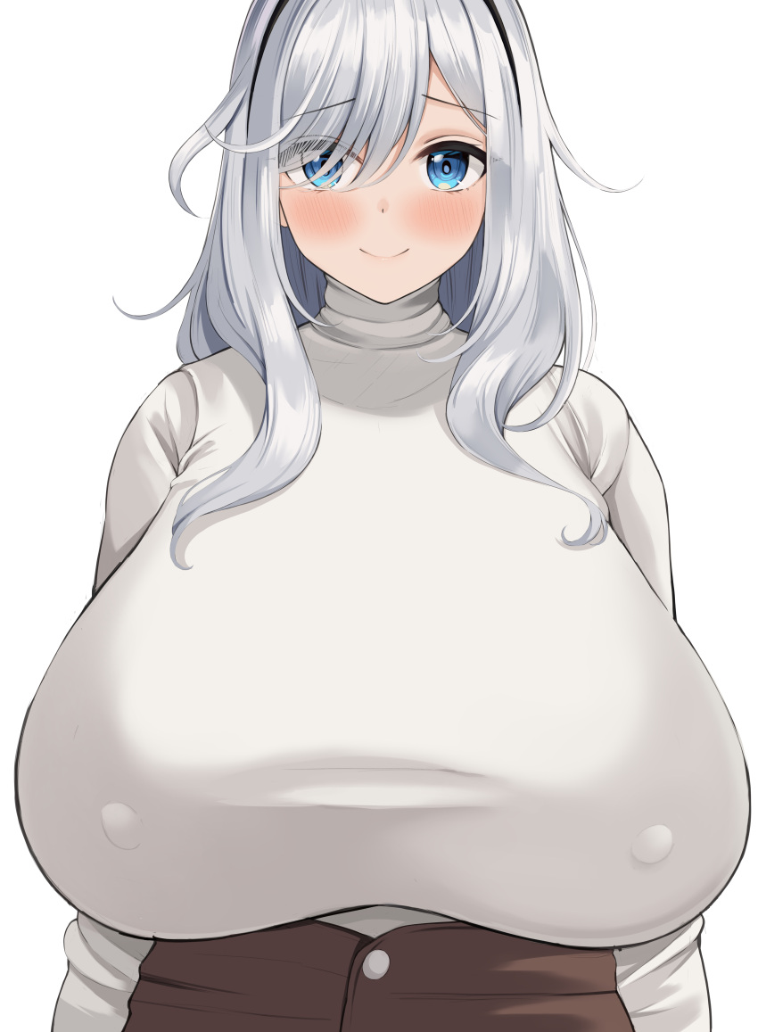 absurdres big_breasts blue_eyes blush breasts covered_nipples female fully_clothed hair_over_one_eye highres huge_breasts long_hair neneneji original silver_hair simple_background smile sweater taut_sweater upper_body white_background white_sweater