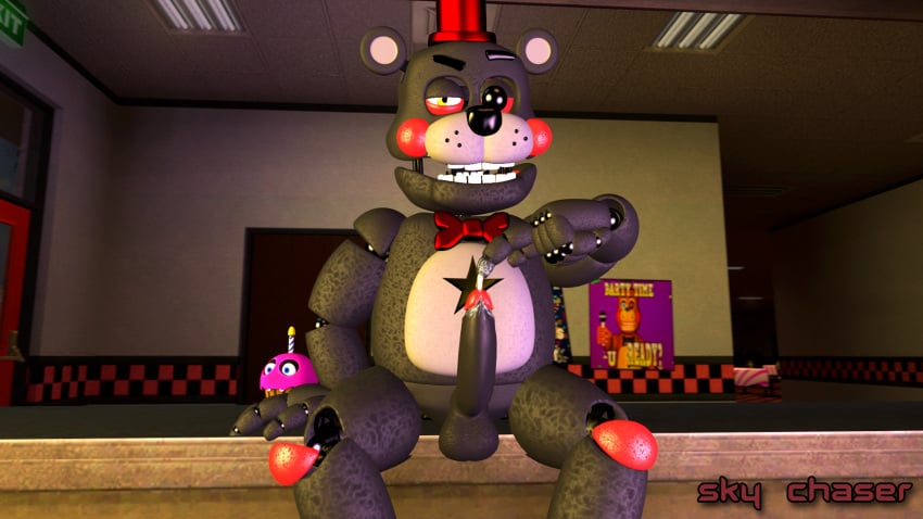 16:9 3d 3d_(artwork) animatronic balls bodily_fluids bow_tie clothing cum cum_on_hand cum_on_penis cupcake digital_media_(artwork) erection five_nights_at_freddy's food genital_fluids genitals half-closed_eyes hat headgear headwear hi_res lefty_(fnaf) looking_at_viewer machine male male/male male_only mammal narrowed_eyes penis poster precum robot scottgames sitting sky_chaser solo source_filmmaker top_hat ursid video_games widescreen