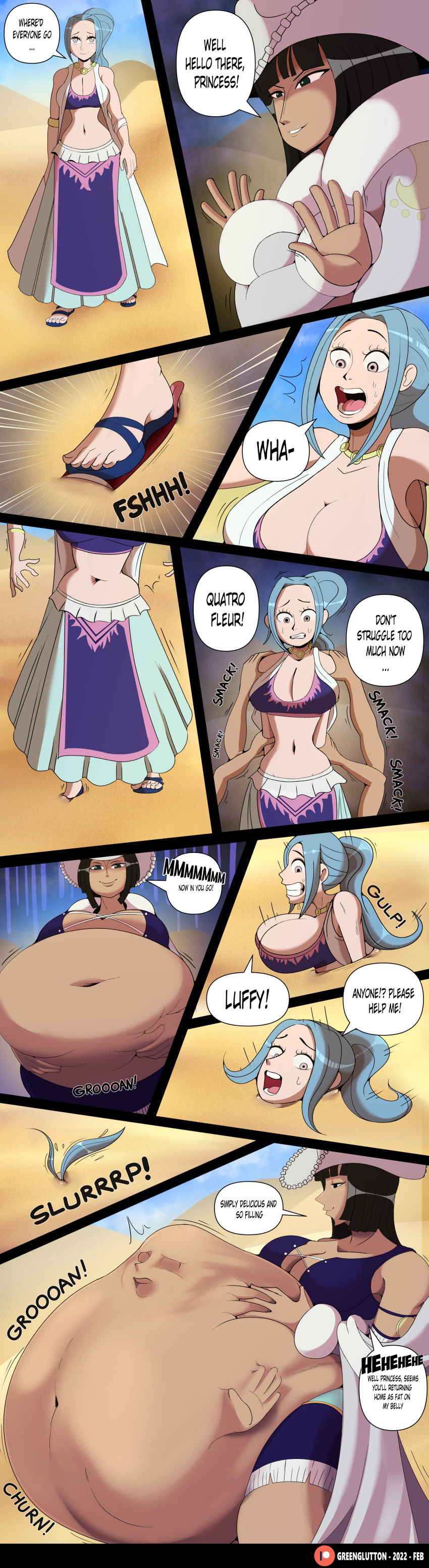 2girls belly_expansion big_belly big_breasts black_hair blue_hair bracelet brown_skin cleavage clothing coat comic cowboy_hat desert dialogue digestion_noises face_imprint female female_only female_pred female_prey green_glutton hana_hana_no_mi hand_imprint hi_res holding_belly imminent_digestion implied_digestion large_breasts midriff miniskirt multi_arm multi_limb multiple_girls navel nefertari_vivi nico_robin one_piece patreon patreon_username ponytail sand sandals short_hair skirt struggling struggling_prey swallowed_whole swallowing sweatdrop tagme unwilling_prey vore wide_hips yellow_eyes