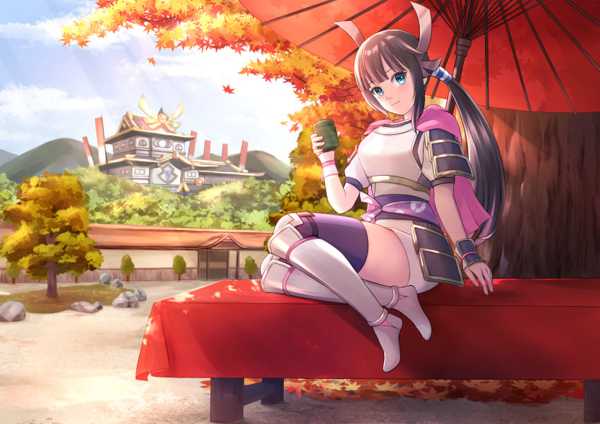 armor armored_boots bench blue_eyes brown_hair cape castle falling_leaves female hair_ornament headdress heroine_(pokemon_conquest) japanese_clothes kimono leaves legs_folded legs_together long_hair looking_at_viewer multicolored_hair obi parted_bangs pokemon pokemon_conquest ponytail purple_legwear purple_thighhighs sebu_illust sitting smile solo solo_female solo_focus swept_bangs tea_cup thigh_gap thighhighs thighs tree umbrella white_skirt