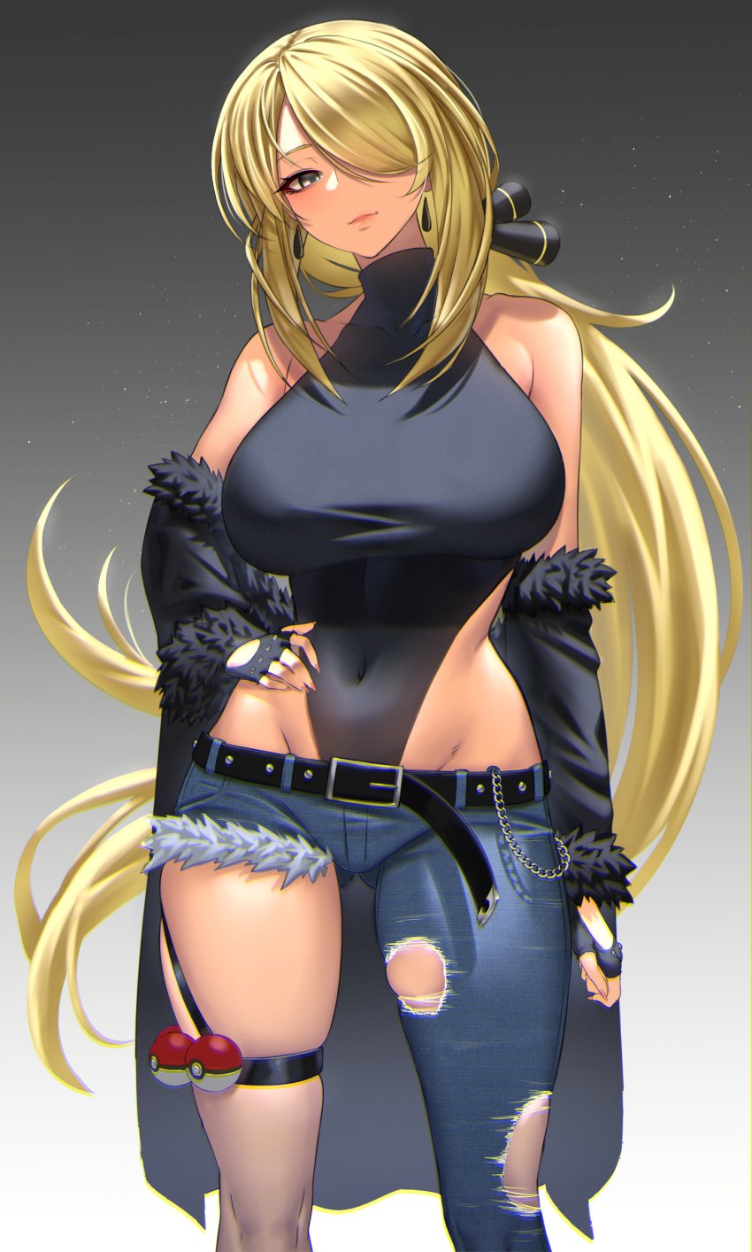 1girls abs absurd_res alternate_breast_size anima_(togashi) ass_visible_through_thighs bangs bare_shoulders belly big_breasts blonde_hair blush bodysuit breasts collarbone cynthia_(pokemon) denim earrings female gradient_background grey_eyes hair_ornament hair_over_one_eye hand_on_hip hi_res highres hips huge_breasts jeans large_breasts leotard long_hair looking_at_viewer midriff pokeball pokemon simple_background slim_waist small_waist smile solo standing thick thick_thighs thigh_strap thighs tight_clothing waist wide_hips