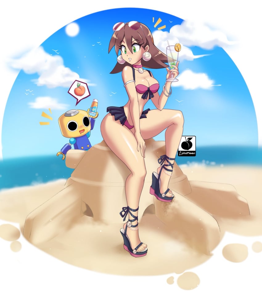 ass beach bikini blush_lines brown_hair drink feet female green_eyes high_heels linkartoon mega_man mega_man_legends mega_man_x_dive open_jacket peach_(fruit) servbot shiny_skin summer sunglasses_on_head sunscreen swimsuit thick_thighs toes tron_bonne very_high_heels wedge_heels