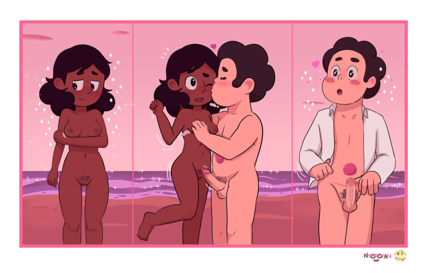 1boy 1boy1girl 1girls aroused barefoot black_hair breasts brown_hair cartoon_network chocolate_and_vanilla chubby closed_eyes comic_page completely_nude completely_nude_female completely_nude_male connie_maheswaran dark-skinned_female erection female grabbing_breasts interracial kissing looking_at_partner male male_and_female_focus navel nipples nude nude_beach nude_female nude_male nyoronyan outdoors penis pubic_hair pussy shirt_open shirt_removed short_hair signature standing steven_quartz_universe steven_universe straight teenager testicles uncensored vagina wholesome