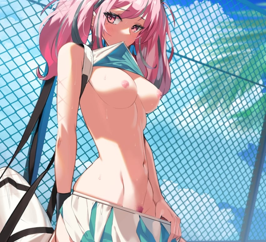 1girls azur_lane biting_shirt breasts bremerton_(azur_lane) bremerton_(scorching-hot_training)_(azur_lane) eagle_union_(azur_lane) female female_only flashing flashing_breasts flashing_pussy kibawa light-skinned_female light_skin midriff pink_eyes pink_hair pink_pubic_hair pubes pubic_hair pubic_hair_peek pussy shirt_in_mouth solo tagme