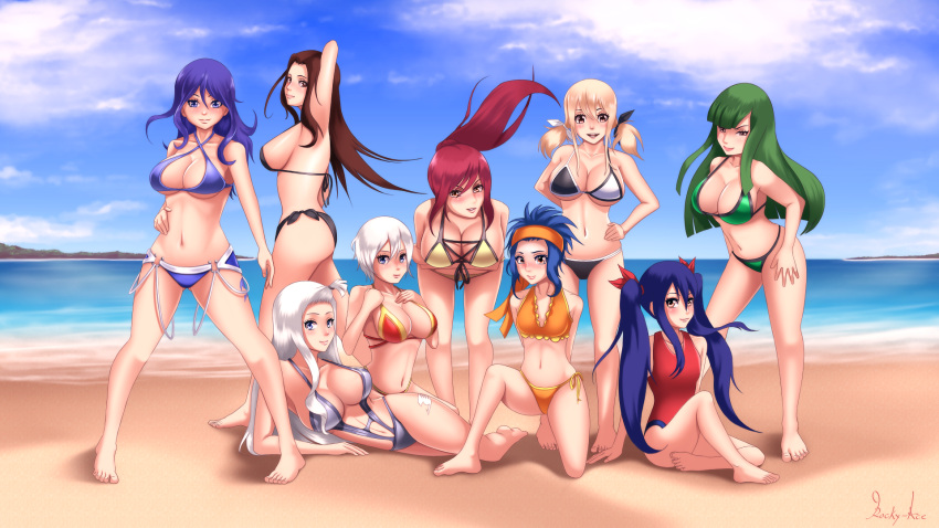 9girls beach bikini bisca_connell blonde_hair blue_hair brown_hair cana_alberona cleavage erza_scarlet fairy_tail green_hair huge_breasts juvia_lockser large_breasts levy_mcgarden lisanna_strauss long_hair looking_at_viewer lucy_heartfilia milf mirajane_strauss red_hair rocky-ace seaside short_hair swimsuit twintails wendy_marvell white_hair