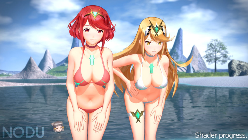 2022 3girls bangs bikini blonde_hair breasts character_in_background core_crystal female female_only gold_eyes hi_res hips huge_breasts long_hair mythra nia nia_(xenoblade) nintendo nodusfm outdoors pyra red_bikini red_eyes red_hair short_hair slim_waist swept_bangs thick_thighs thigh_strap thighs white_bikini wide_hips wip xenoblade_(series) xenoblade_chronicles_2