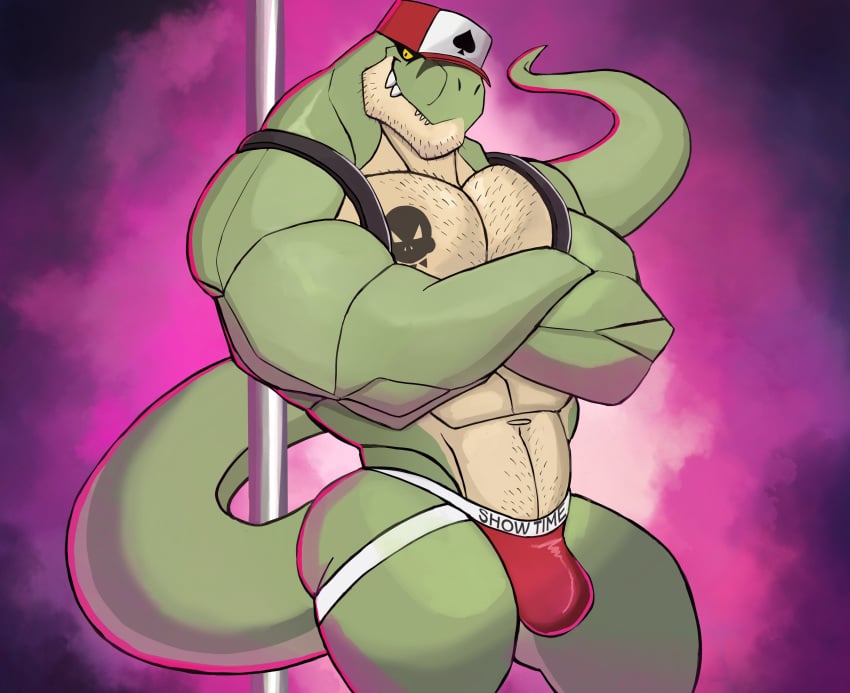 bulge chest_hair darknaigart flaccid grey_body harness hat jace_(darknaig) jockstrap male male_only muscles muscular muscular_male pole pole_dancer purple_background red_jockstrap scalie solo solo_focus solo_male tail tattoo