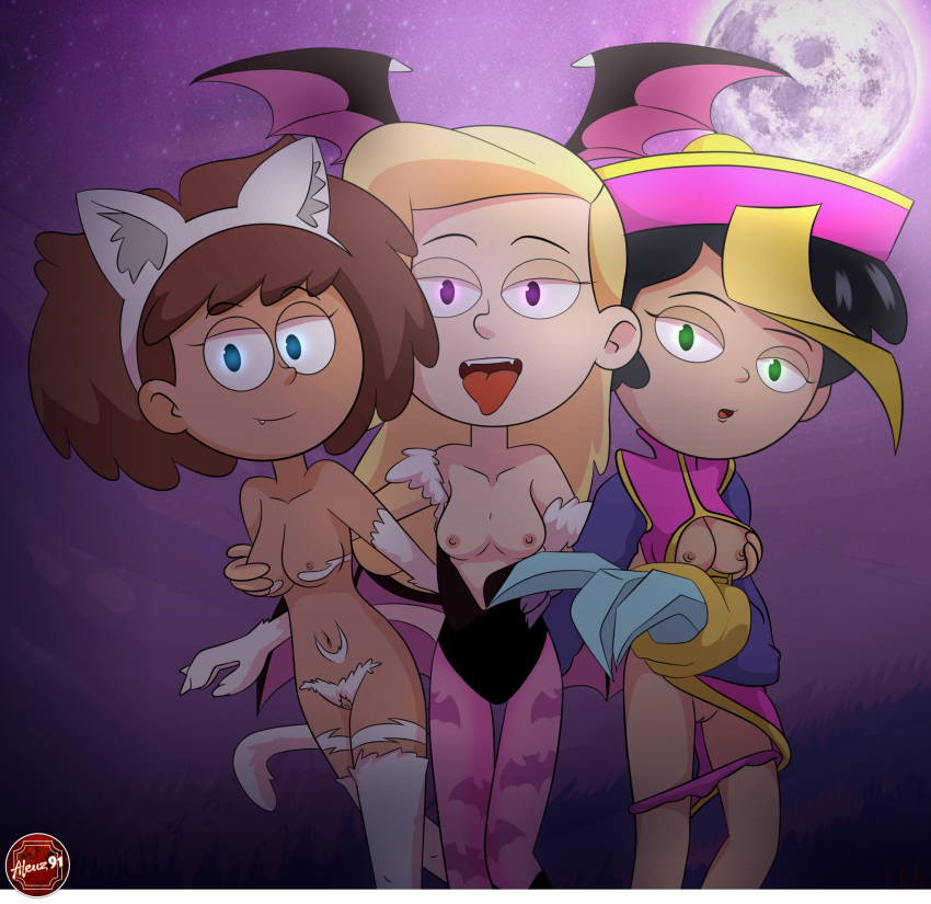 3girls aleuz91 amphibia anne_boonchuy asian_female black_hair blonde_female blonde_hair breasts brown_hair capcom clothing cosplay dark-skinned_female dark_hair dark_skin darkstalkers disney disney_channel felicia_(darkstalkers)_(cosplay) female female_only group high_resolution hsien_ko_(cosplay) human light_hair looking_at_viewer marcy_wu medium_breasts morrigan_aensland_(cosplay) multiple_girls pale_skin sasha_waybright small_breasts straight_hair taiwanese thai trio vagina white_female yuri