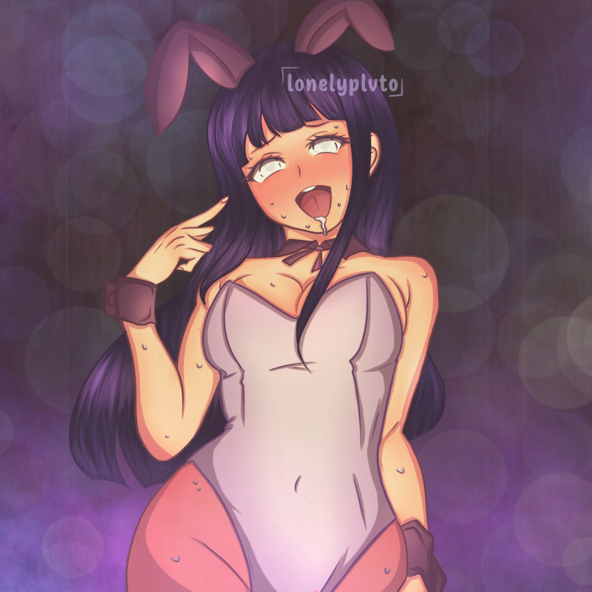 1girls blush breasts bunny_ears bunny_girl bunnysuit detached_collar detached_sleeves female female_only horny horny_female hyuuga_hinata leotard lonelypluto naruto naruto_(series) naruto_shippuden open_mouth oral_invitation pantyhose pointing pointing_at_self purple_hair revealing_clothes solo solo_focus strapless strapless_leotard sweat tongue tongue_out white_eyes