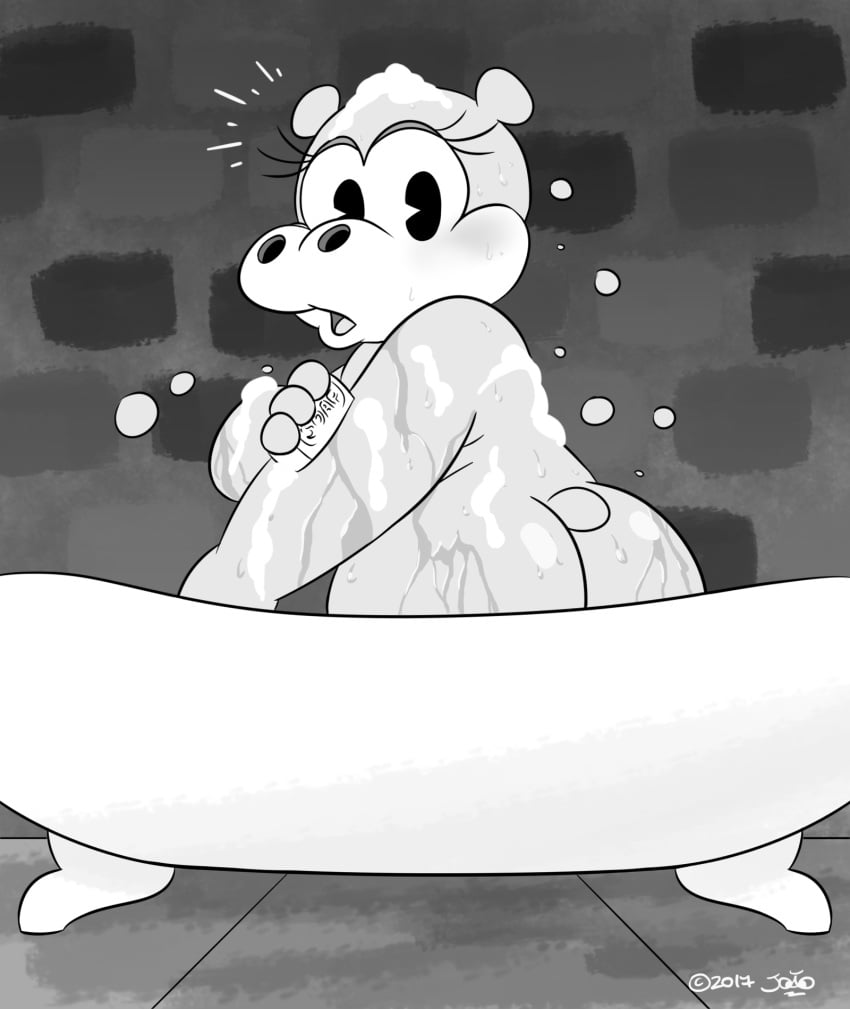 anthro ass bathroom bathtub big_ass big_butt blush bubble common_hippopotamus digital_media_(artwork) female fleischer_style_toon heather_hippo hi_res hippopotamid joaoppereiraus mammal mob_face monochrome pac-man_eyes soap solo toony wet