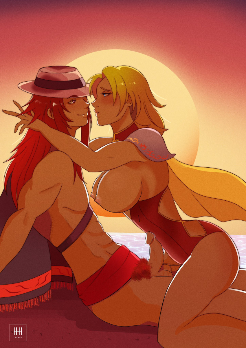 1boy 1girls about_to_kiss abs alternate_costume beach blonde_hair blue_eyes breasts cape female fire_emblem fire_emblem:_the_sacred_stones fire_emblem_heroes hat ihsnet joshua_(fire_emblem) joshua_(summer)_(fire_emblem) long_hair nipples ocean penis pubic_hair red_eyes red_hair sand selena_(fire_emblem:_the_sacred_stones) selena_(summer)_(fire_emblem:_the_sacred_stones) shoulder_pads smile smirk sun sunset swimsuit testicles