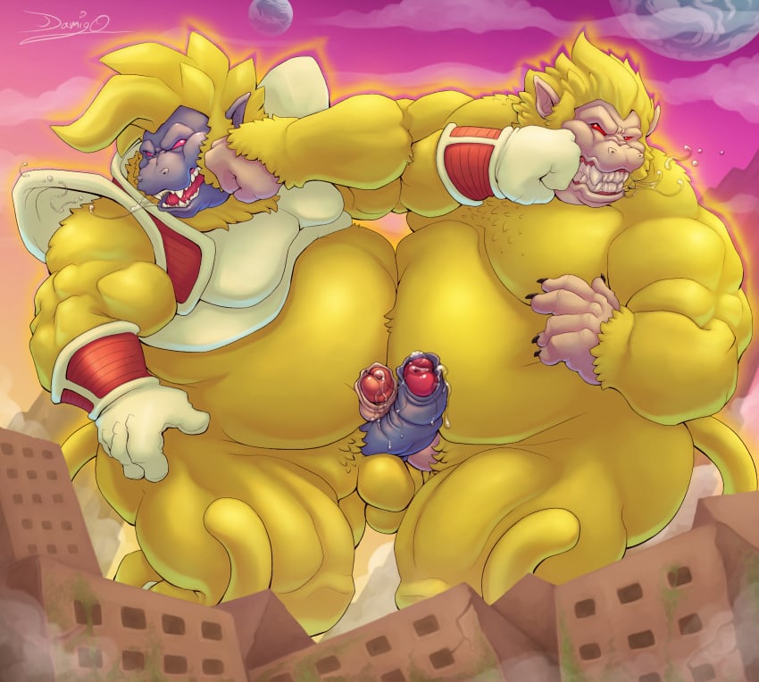 anthro ape baby_(dragon_ball) baby_vegeta big_belly bottomless bottomless_male clothed clothing damingo dragon_ball dragon_ball_gt dragon_ball_z duo fur hi_res macro male male_only mammal naked nude oozaru oozaru_baby outside primate punching_face red_eyes saiyan yellow_body yellow_fur