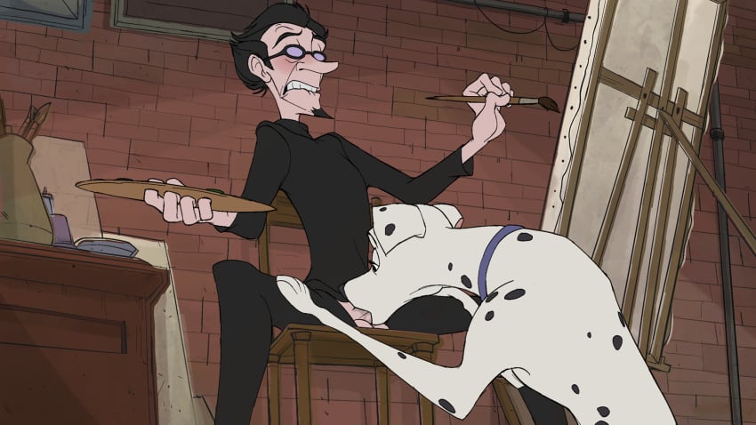 101_dalmatians anatomically_correct balls balls_deep blush brush bulge buzya canid canine canis canvas collar dalmatian deep_throat disney domestic_dog duo eyewear fellatio fellatio_from_feral female female_on_human feral genitals glasses hi_res holding_brush holding_object human interspecies lars_(disney) male male/female male_on_feral mammal oral palette penetration penile penis perdita sex spots spotted_body zoophilia