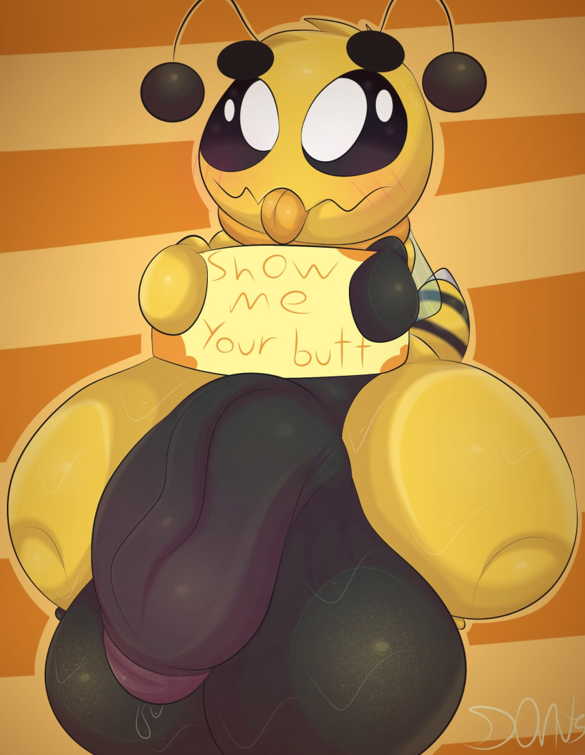 2022 antennae_(anatomy) anthro arthropod asty_(plushtrapboyuwu) balls bee big_balls big_penis black_body black_sclera blush blush_lines bodily_fluids digital_media_(artwork) english_text eyebrows flaccid fur genital_fluids genitals hi_res holding_object holding_sign hovering huge_balls huge_cock humanoid_genitalia humanoid_penis hymenopteran insect_wings insects looking_at_viewer male multicolored_body nude penis plushtrapboyuwu precum shaded sign simple_background small_but_hung smile solo sweat sweaty_balls sweaty_genitalia sweaty_legs sweaty_penis text thick_thighs tongue tongue_out two_tone_body vein veiny_penis wings yellow_body yellow_fur