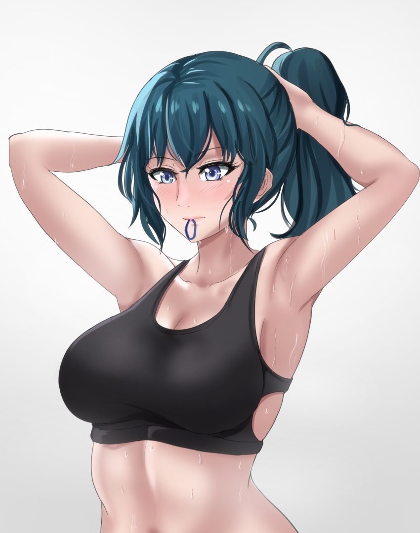 1girls absurdres alternate_hairstyle armpits arms_up black_sports_bra blue_eyes blue_hair blush breasts byleth_(fire_emblem) byleth_(fire_emblem)_(female) collarbone drie eyebrows_visible_through_hair female fire_emblem fire_emblem:_three_houses hair_tie hair_tie_in_mouth highres large_breasts midriff mouth_hold nintendo ponytail sidelocks simple_background solo sports_bra sweat teal_hair tying_hair white_background