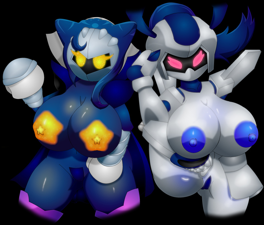 2girls absurd_res alpha_channel armor breasts cape clothing duo espyaspect exposed_breasts female female_only females_only gloves glowing glowing_eyes glowing_nipples handwear hi_res kirby_(series) machine mask medarot meta_knight multiple_girls nintendo nipples robot rokusho_(medabots) rule_63 shortstack unusual_anatomy unusual_nipples video_games