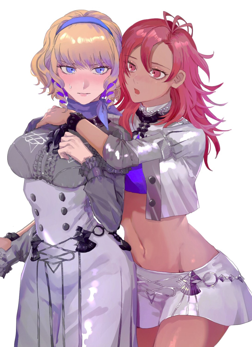 2girls 4chi antenna_hair bangs bare_midriff blonde_hair blue_eyes blue_hairband blush breasts commentary constance_von_nuvelle cowboy_shot crop_top cropped_jacket dark-skinned_female dark_skin drill_hair female female_only fire_emblem fire_emblem:_three_houses garreg_mach_monastery_uniform grey_shirt groin hairband hapi_(fire_emblem) high-waist_skirt highres hug hugging_from_behind jacket lesbian long_hair long_sleeves looking_at_viewer medium_breasts microskirt midriff multiple_girls navel nintendo nose_blush open_clothes open_jacket pink_eyes pink_hair purple_shirt shirt short_hair simple_background skirt skirt_set standing stomach sweat white_background white_jacket white_skirt wholesome yuri