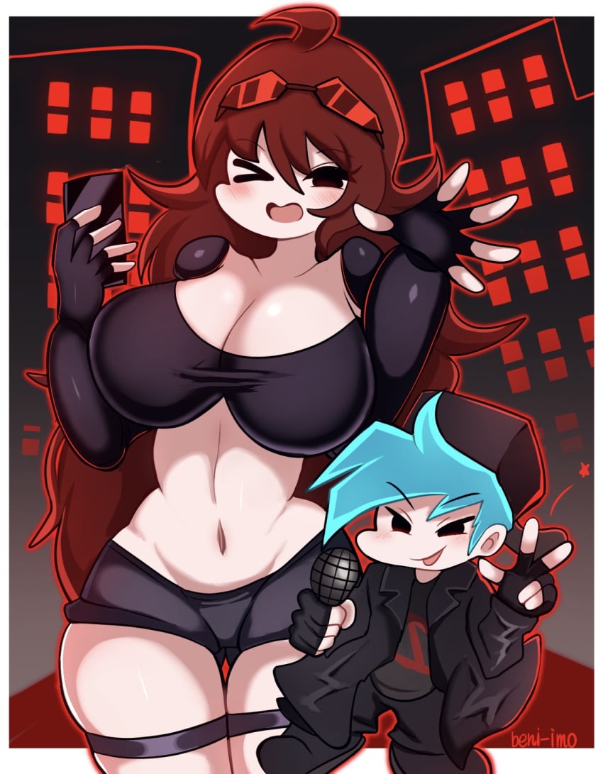 >_< 1boy 1girls agent_bf_(friday_night_funkin) agent_gf_(friday_night_funkin) armwear beni_imo beni_imo_(beniimo45450721) big_breasts blue_hair boyfriend_(friday_night_funkin) breasts brown_hair female fnf_mods friday_night_funkin girlfriend_(friday_night_funkin) glasses_on_head hat huge_breasts long_hair minishorts mob_face short_hair shorts standing thick_thighs wide_hips